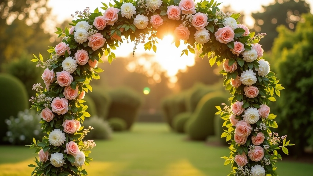Stunning ceremony floral arch with white and blush flowers, eucalyptus and lush greenery, elegant outdoor wedding setup