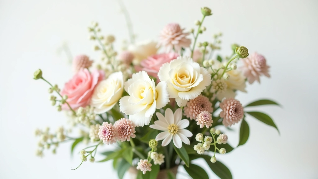 Close-up detail of seasonal flowers including ranunculus, astilbe, and berry sprigs in wedding arrangement