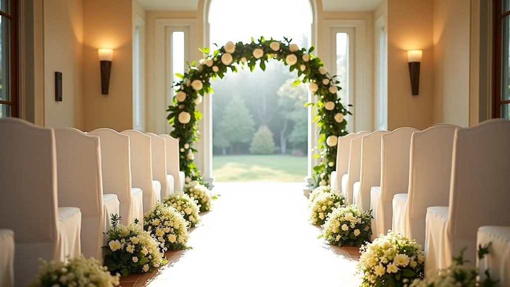 Wedding ceremony venue showing arch positioning, sight lines from guest seating, and how arch frames the ceremony backdrop