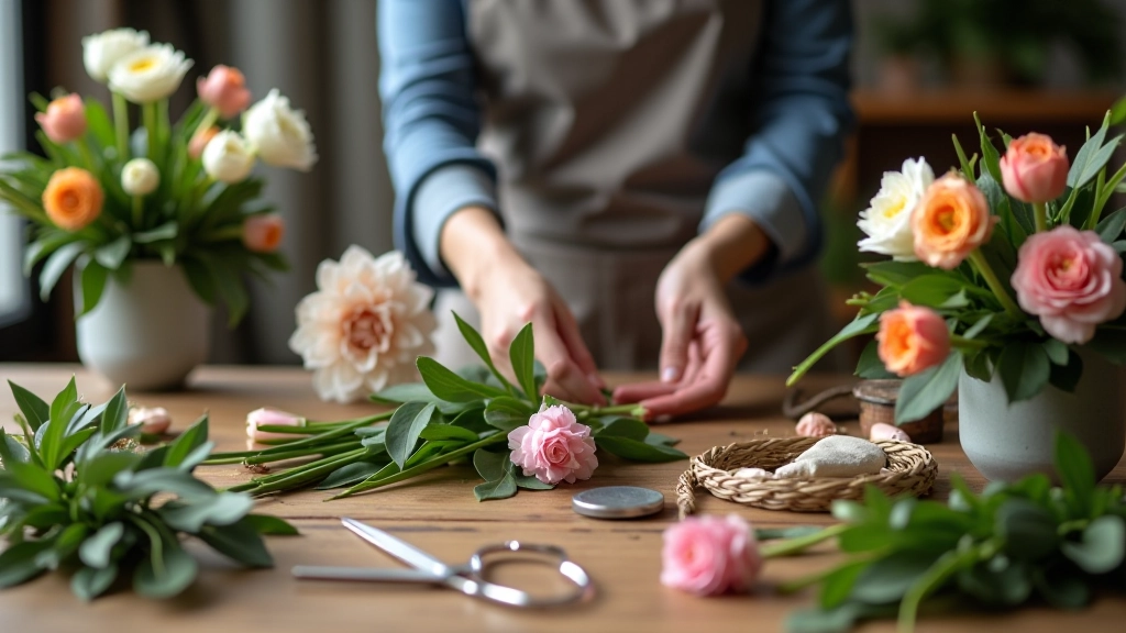 Florist arranging seasonal flowers at a wooden table with scissors, floral tape, and fresh cut stems, natural studio lighting