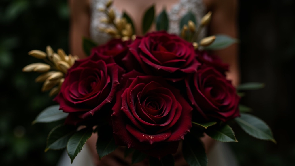 Deep burgundy and gold wedding bouquet with textured greenery