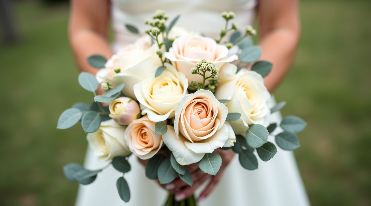 Elegant bridal bouquet with white roses and peonies, beautifully arranged with greenery
