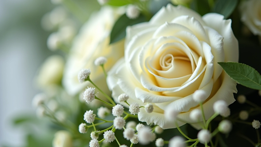 Close-up of wedding arch flowers showing white roses, ranunculus, eucalyptus greenery, and baby's breath arranged in flowing composition
